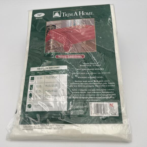 Trim a Home White Cloth Tablecloth Round 70” Satin Strip Polyester NEW - Picture 7 of 14
